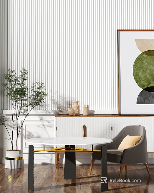 Interior Scene with Single Sofa White Vertical Striped Wall Abstract Art Orange Cushion 3d model 