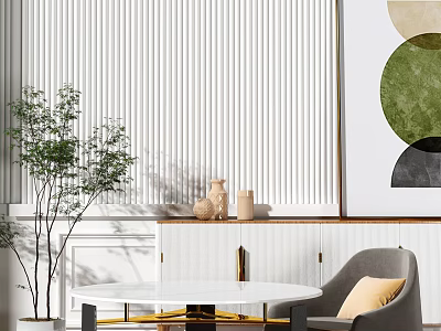 Interior Scene with Single Sofa White Vertical Striped Wall Abstract Art Orange Cushion 3d model