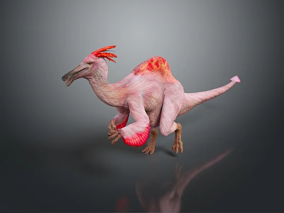 Pink Dinosaur With Red Crest And Wings In Standing Pose On Gray Background 3d model