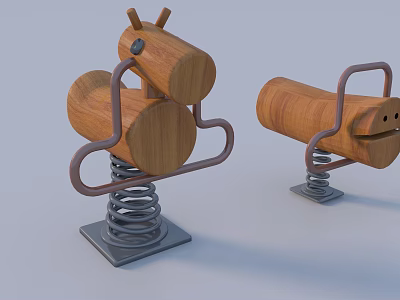 Wooden Building Blocks Spring Rocking Toys With Pony And Pig Shapes On Metal Spring Bases 3d model