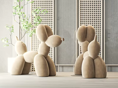 Beige Balloon Dog Shaped Children's Chairs With Green Plants And Lattice Screen 3d model