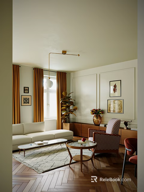Cozy Living Dining Room With White Sofa Brown Curtains Green Plant And Decorative Paintings 3d model 