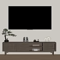 Wooden TV Stand With Wall Mounted TV Small Potted Plant Figurines And Decorative Items