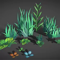 Cartoon Scene With Different Green Plant Types And Colorful Foliage Shadows