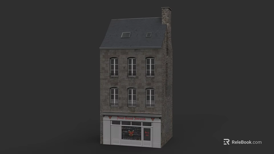 Traditional Two Story Stone Building On Commercial Street With Bakery Pastry Shop Window 3d model 