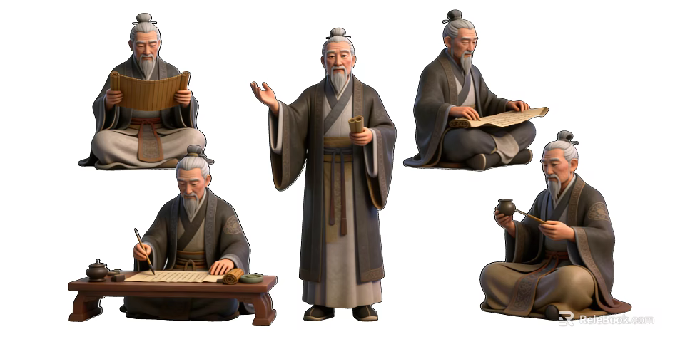Ancient Chinese Scholars In Traditional Robes Reading Writing And Gesturing With Scrolls 3d model 