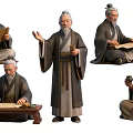 Ancient Chinese Scholars In Traditional Robes Reading Writing And Gesturing With Scrolls