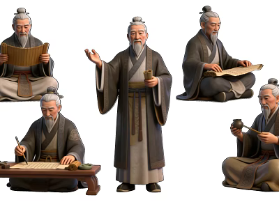 Ancient Chinese Scholars In Traditional Robes Reading Writing And Gesturing With Scrolls 3d model