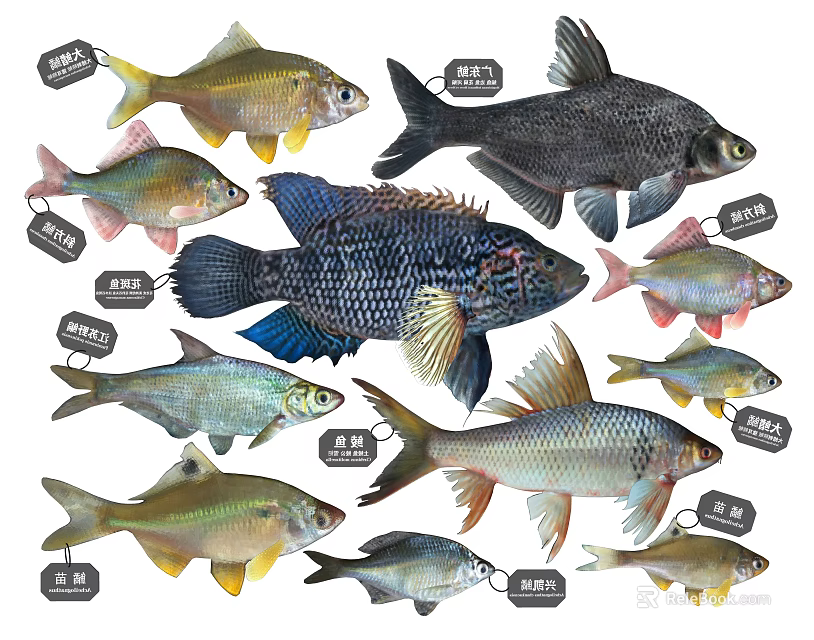Various Freshwater Fish Species Including Silver Carp Bighead Carp Grass Carp And Crucian Carp 3d model 