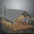 Cozy Glamping Tent Interior With Wooden Structure Chimney And People Sitting At Table