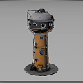 Orange Metallic Tower Structure with Gray Dome Top and Circular Windows on Circular Base