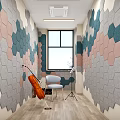 Piano Room Interior With Black Grand Piano Green Vertical Striped Walls And Large Windows