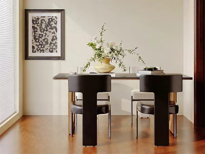 Modern Dining Table Set with Black Chairs Flower Vase and Decorative Painting 3d model