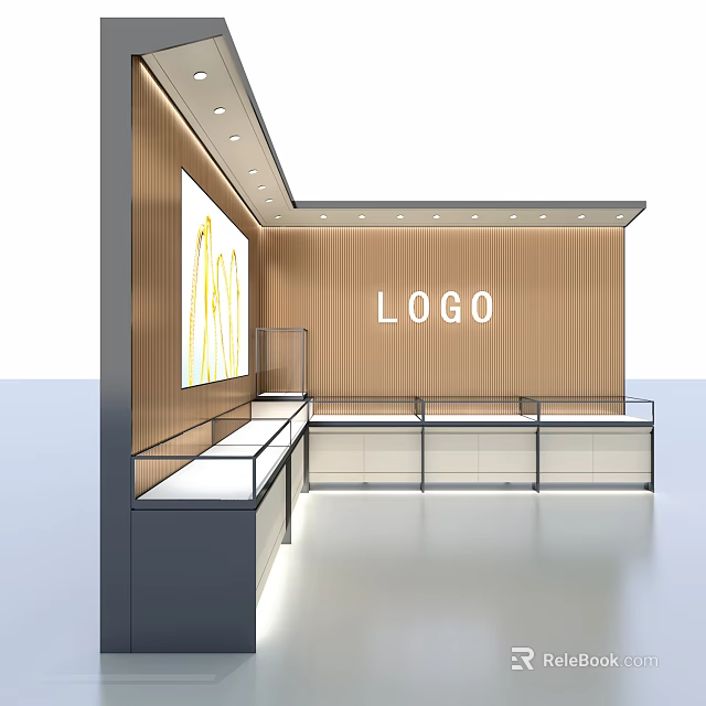 Modern Retail Store Interior Featuring Wooden Wall Glass Display Cases Logo And Ceiling Lighting 3d model 