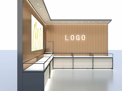 Modern Retail Store Interior Featuring Wooden Wall Glass Display Cases Logo And Ceiling Lighting 3d model