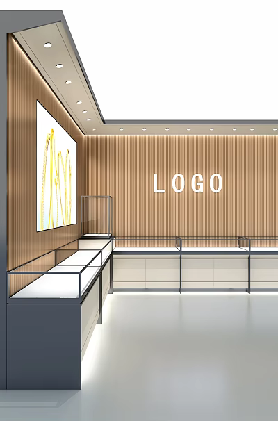 Modern Retail Store Interior Featuring Wooden Wall Glass Display Cases Logo And Ceiling Lighting 3d model