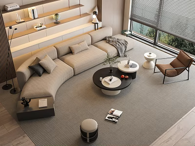 Modern Beige L-shaped Sofa Coffee Table Combination with Black Round Table Pillows and Accent Chair 3d model