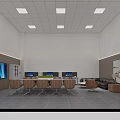 Modern Meeting Room With Long Table Chairs Computers Large Screen Sofa And Ceiling Lights 3d model
