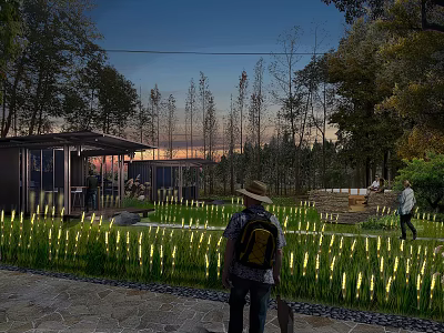 Serene Garden Landscape With Lush Greenery Pathway And Evening Lighting 3d model