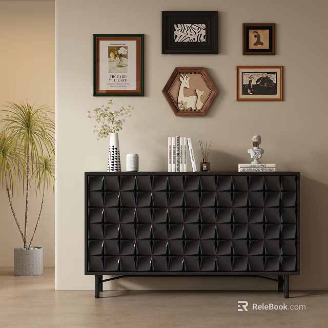 Black Geometric Pattern Entryway Console Table With Decorative Books Vase And Wall Art 3d model