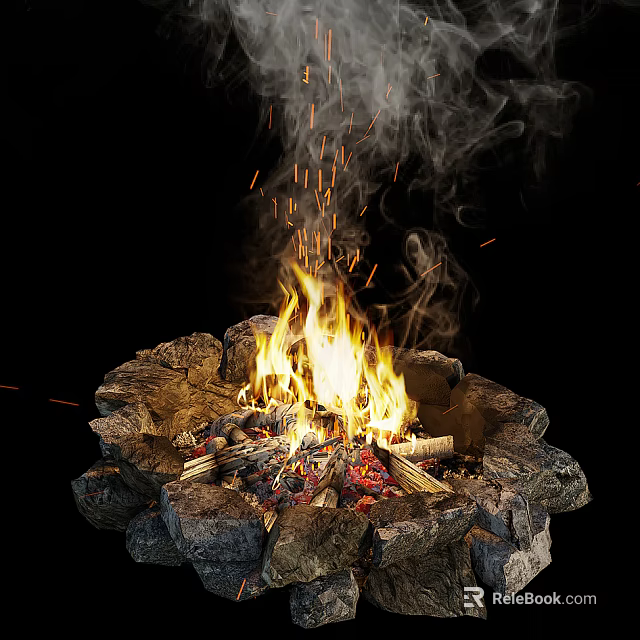 Outdoor Garden Bonfire With Stone Circle Flames Sparks And Smoke 3d model 