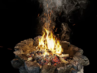 Outdoor Garden Bonfire With Stone Circle Flames Sparks And Smoke 3d model