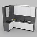 Modern Kitchen Cabinets L Shaped White And Gray With Dark Countertop Sink And Stove