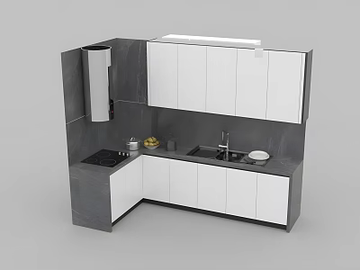 Modern Kitchen Cabinets L Shaped White And Gray With Dark Countertop Sink And Stove 3d model