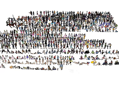 Large Group of Diverse People in Different Poses and Activities Collection 3d model
