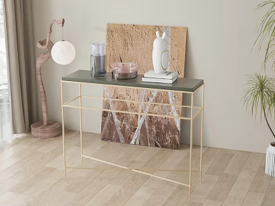 Modern Console Table with Gold Frame Decorative Lamp and Marble Backdrop 3d model