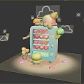 Colorful Snacks in Light Blue Vending Machine with Pink Ice Cream Decoration and Small Cakes