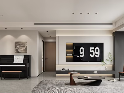 Modern Living Room Interior With TV Wall Piano Area Rug Coffee Table And Green Plant 3d model