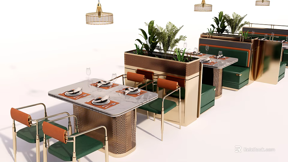 Elegant Public Chair With Green Upholstery Metal Frame Dining Tables Plants And Pendant Lights 3d model 