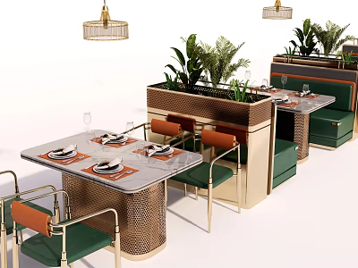 Elegant Public Chair With Green Upholstery Metal Frame Dining Tables Plants And Pendant Lights 3d model