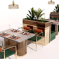 Elegant Public Chair With Green Upholstery Metal Frame Dining Tables Plants And Pendant Lights