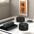 Black Audio System With Soundbar Subwoofer On Marble Countertop Near Window Blinds And Wall Art