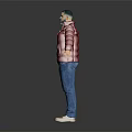 Man in Red Puffer Jacket White T-shirt Blue Jeans With Arms Outstretched on Dark Background