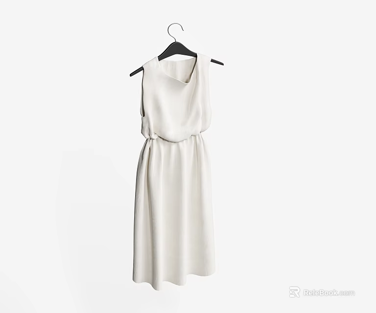 Simple Cream Colored Sleeveless Dress With Cinched Waist Design Hanging On Hanger 3d model 