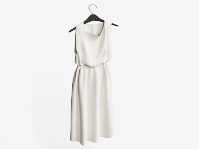 Simple Cream Colored Sleeveless Dress With Cinched Waist Design Hanging On Hanger 3d model
