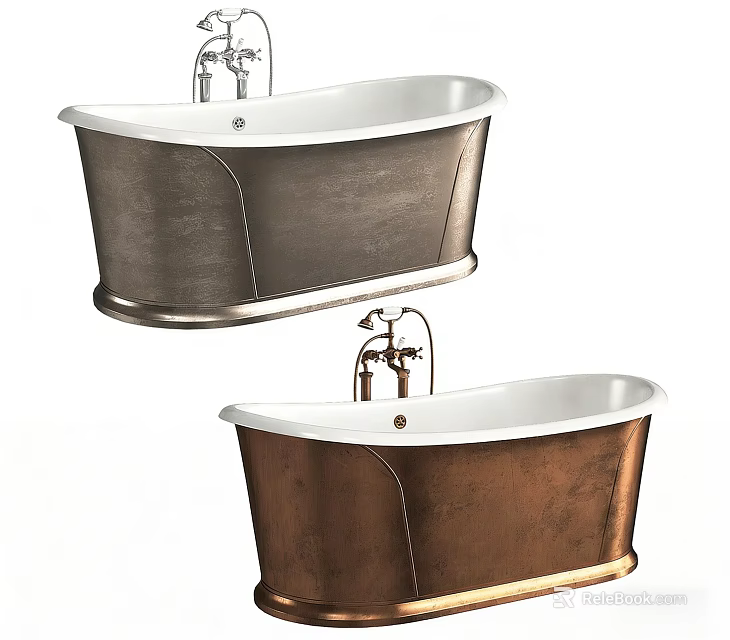 Elegant Freestanding Bathtub Designs In Copper And Silver With Vintage Faucet 3d model 