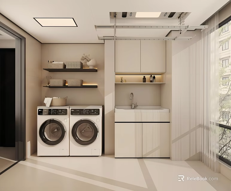 Modern Laundry Room With Double Washing Machines White Cabinets And Sink 3d model 