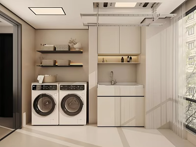 Modern Laundry Room With Double Washing Machines White Cabinets And Sink 3d model