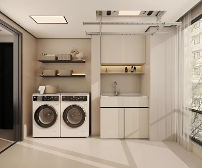 Modern Laundry Room With Double Washing Machines White Cabinets And Sink 3d model