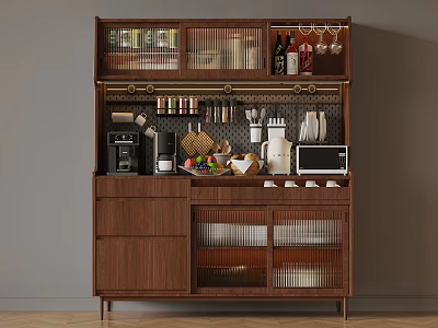 Modern Wooden Sideboard With Coffee Machine Microwave Fruits And Storage Cabinets 3d model