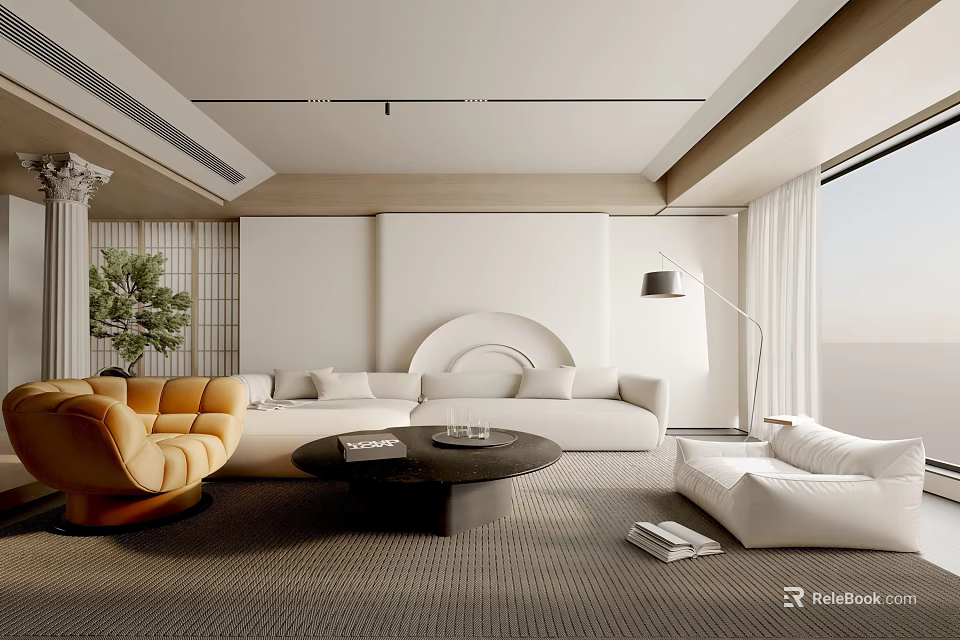Modern Living Room Interior With Beige Sofa Yellow Armchair Floor Lamp And Coffee Table 3d model 