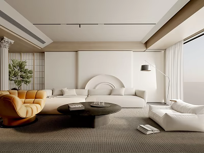Modern Living Room Interior With Beige Sofa Yellow Armchair Floor Lamp And Coffee Table 3d model