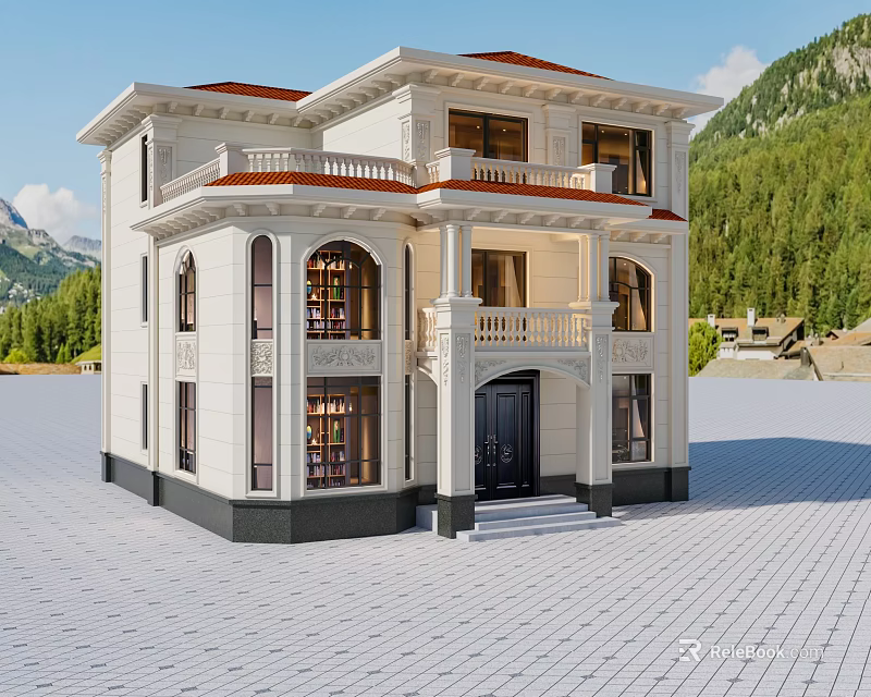 Two Story White Detached Villa With Red Roof Balconies And Mountain View Green Trees 3d model 