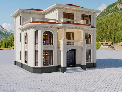 Two Story White Detached Villa With Red Roof Balconies And Mountain View Green Trees 3d model