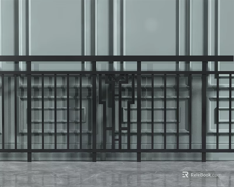Modern Black Metal Railing with Grid Pattern Against Gray Wall and Marble Floor 3d model 