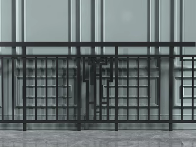 Modern Black Metal Railing with Grid Pattern Against Gray Wall and Marble Floor 3d model